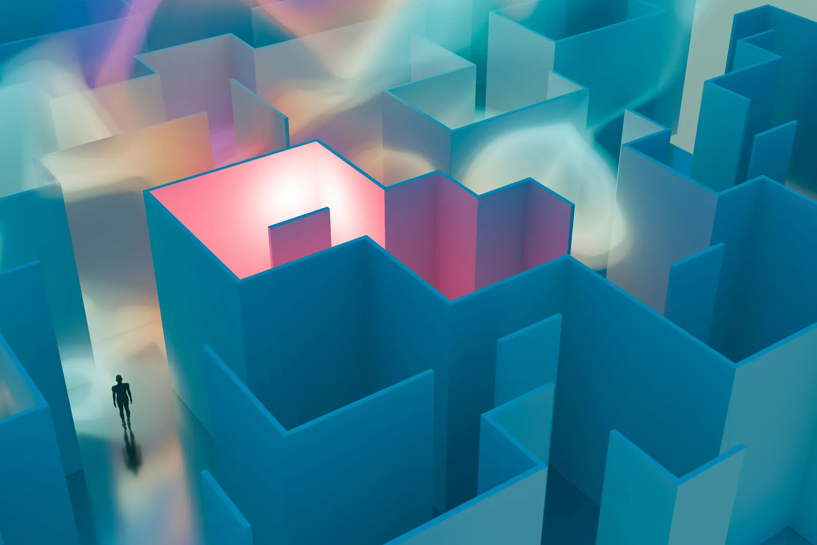 Abstract maze with highlighted blocks, representing diagnostic complexity.
