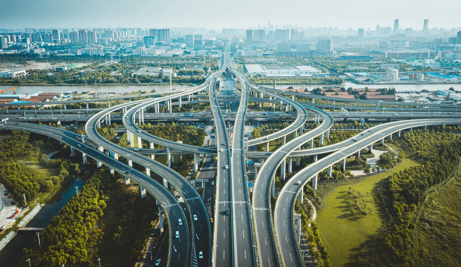 Elevated highway interchange, representing connected work across the corridor.