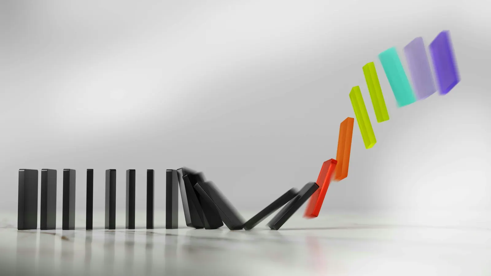Domino sequence moving upward, representing measurable performance impact.
