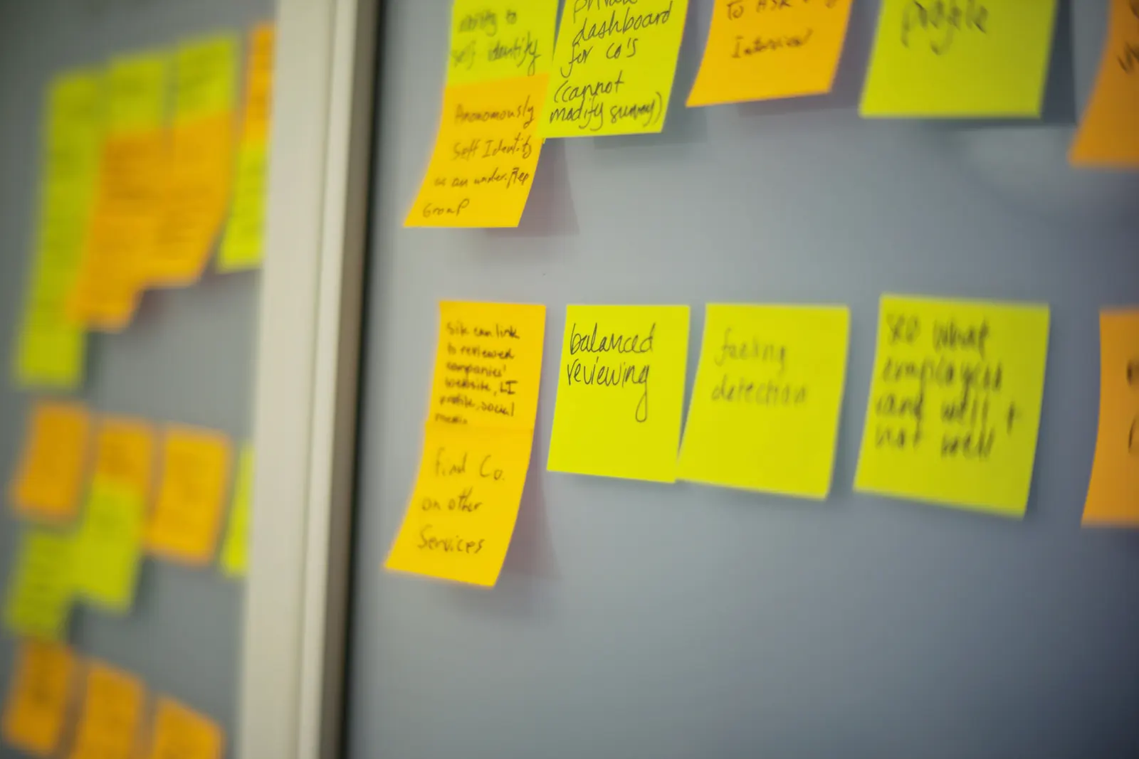 Sticky notes arranged on a wall, representing workshop synthesis and learning design.