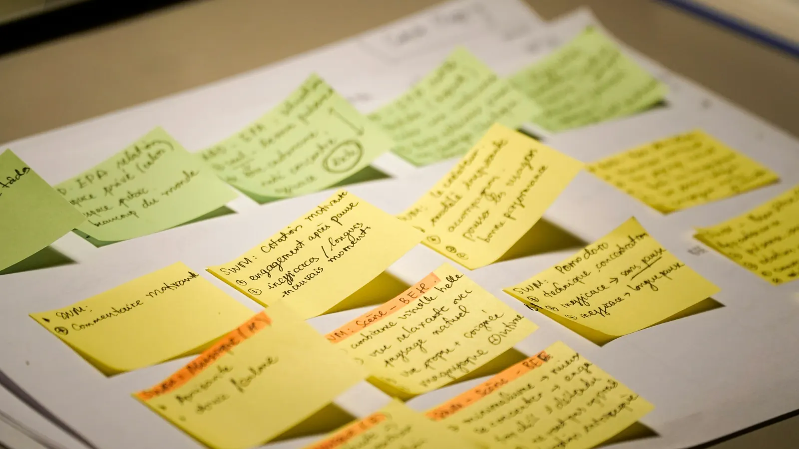 Sticky notes spread across a work table, representing business-problem mapping.