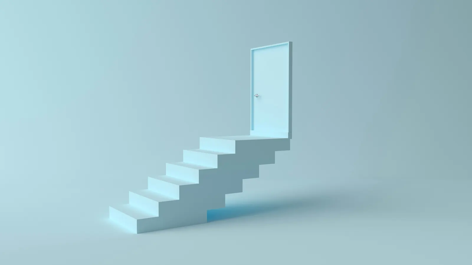 Minimal stairway rising toward an open door, representing measurable progress and readiness.